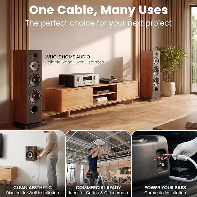 GEARit 12 Gauge OFC Speaker Wire 20FT, UL CL2 Rated Speaker Cable, 12 AWG Wire with Polarity Mark, 2-Conductor Copper Audio Cable for in-Wall Home Theater Surround Sound, Car Audio Stereo(White)