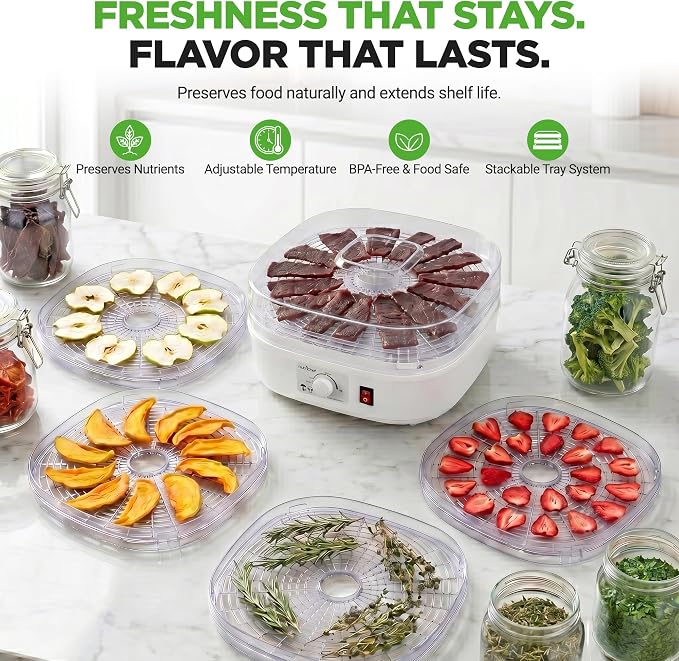 Nutrichef Food Dehydrator Machine | Dehydrates Beef Jerky, Meat, Food, Fruit, Vegetables & Dog Treats | Great For At Home Use | High-Heat Circulation for Even Dehydration | 5 Easy to Clean Trays