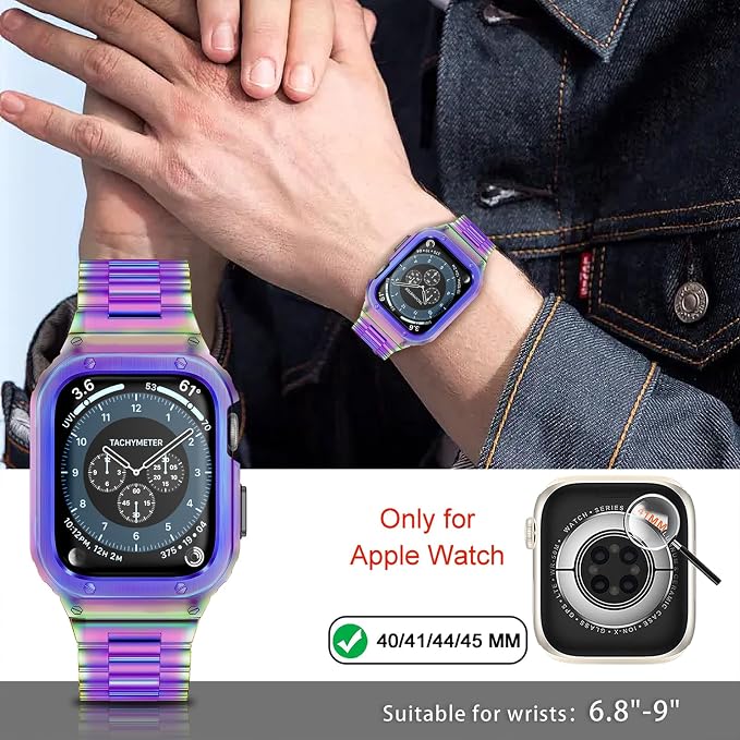 MioHHR Stainless Steel Band and Case Compatible with Apple Watch Band 41mm 40mm 38mm, Men Metal Protective Bumper Cover for iWatch Series 9/8/7/6/5/4/3/2/1/SE/SE2/SE3, Multicolor
