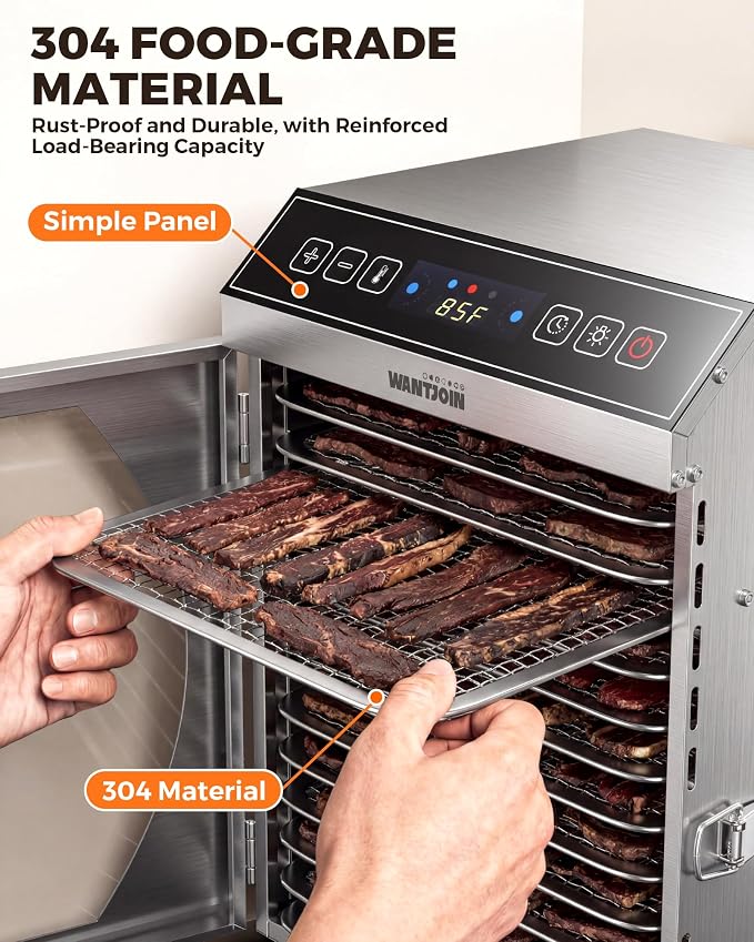 WantJoin Food Dehydrator Machine - 12-Tray Commercial Food Dehydrator w/ 12 Trays, 5 Hooks, Hanging Rack, 86-194℉ Temp, Timer, LED Display, 800W Food Dehydrater For Homemade Jerky Fruit Vegetable