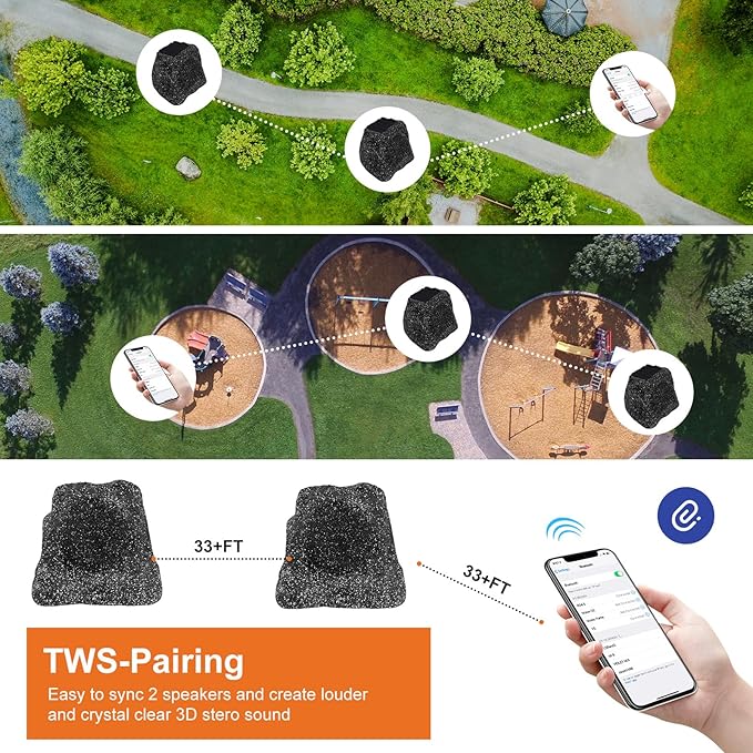 STUDIOFINIX 4" Rock Speakers Outdoor Waterproof - 5.3 Bluetooth Wireless Speaker Solar Powered Max Peak 160W for Garden,Patio,Deck,Pool,Backyard (Gray 1 Pair)