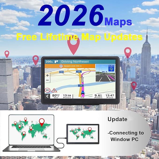 GPS Navigator for Car, 2026 Map 7 inch Touch Screen Car GPS 256-16GB,Voice Turn Direction Guidance, Support Speed and Red Light Warning, North America Lifetime map Free Update Truck(Dark)
