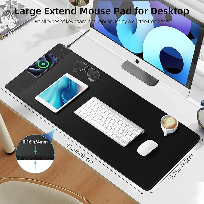ExtreLife Wireless Charging Mouse Pad, Gaming Mouse Pad with Ultra-Smooth Surface, 31.5”x15.75” Large Desk Mat, Non-Slip Rubber Base, Waterproof Computer Keyboard Pad for Gaming, MacBook, Laptop, Desk
