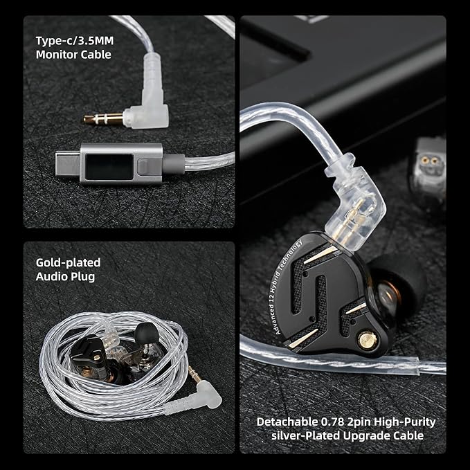 KZ ZS12 PRO 2 in Ear Monitor Headphones,1DD+5BA Hybrid Gaming Earbuds,Wired Clear Earbuds,HiFi Deep DASS EarbudsIEM for Gaming,KZ IEM Earphones with 2PIN Cable for Audiophile (NO Microphone, Black)