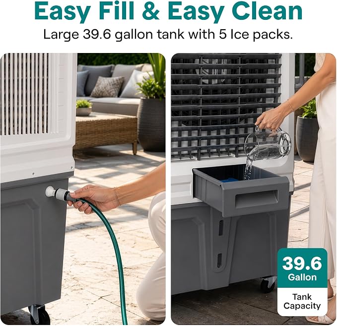 SereneLife Portable Swamp Cooler with 12000 CFM Power - Industrial Evaporative Air Cooler for Large Indoor & Outdoor Spaces, 150 L Tank, 60° Oscillation, 12-Hour Timer, Wi-Fi & Remote Control