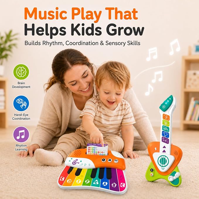 Toddler Guitar Toy 1-3, Baby Guitar with Touch Sensor Strings, 2 in 1 Guitar Piano Musical Toy for 1 2 3 Year Old Boys Girls, Educational Music Toy, Birthday Gift