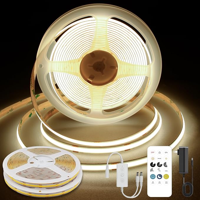 Pandery COB LED Strip Lights Natural White 4000K 32.8FT(2 * 5M) | 24V led Light Strip with Remote and app Control,8mm Wide Ra>90 Cuttable Strip Lights for Bedroom,Wardrobe,Cabinet