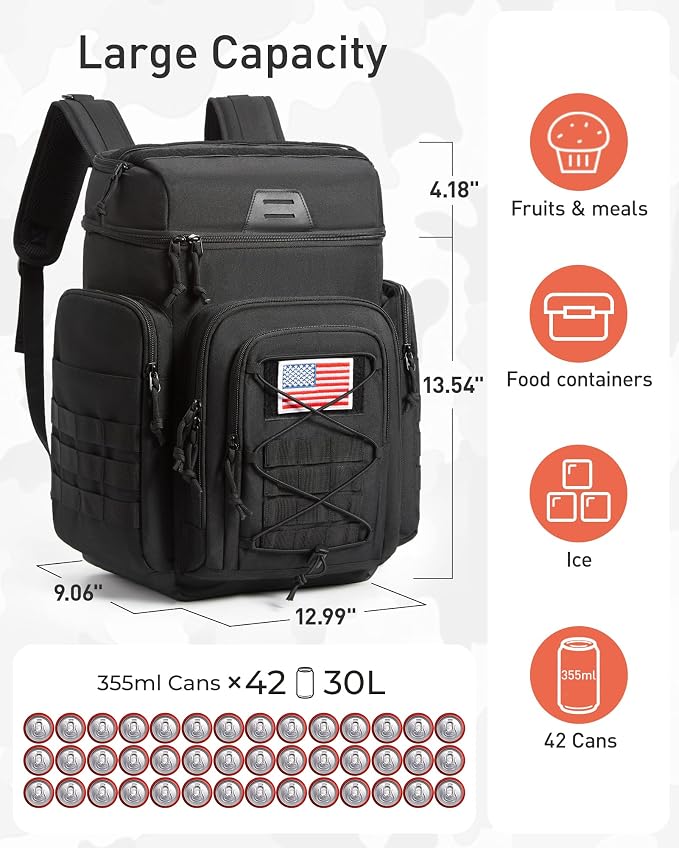 TOURIT 30L (42 Cans) Tactical Cooler Backpack – Military-Grade Insulated Cooler Bag with 16H Ice Retention, Leakproof Multi-Pocket Picnic Backpack for Camping & Hiking, Featuring DIY Hook & Loop Panel