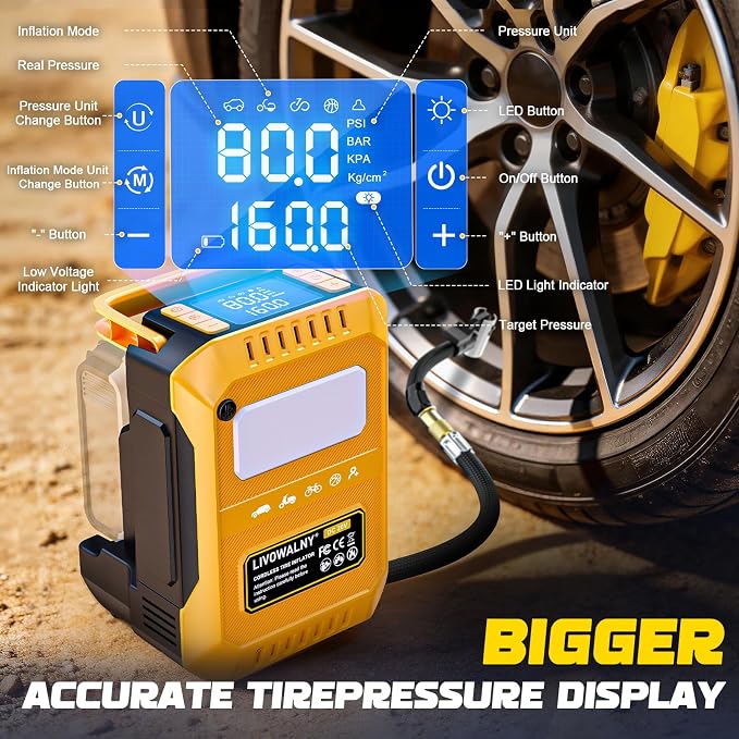 5X Faster Tire Inflator Air Compressor, LIVOWALNY 160PSI Cordless Air Pump Compatible with Dewalt 20V Battery with Digital Pressure Gauge, Deflator & Auto Shut-Off for Car, Motorcycle (Tool Only)