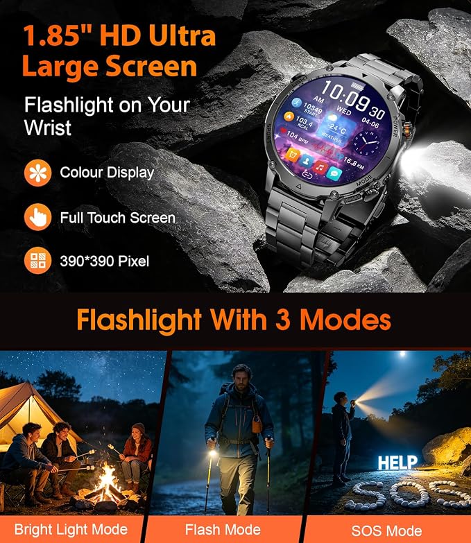 LIGE Military Smart Watch for Men, 1400mAh 60-Days Battery, 1.85" HD Smartwatch with LED Flashlight, 100+ Sports Mode, IP68 Waterproof, Pedometer, Fitness Watch for Android iOS