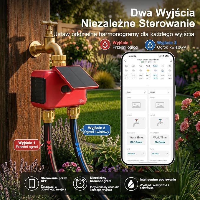 2 Zone WiFi Smart Sprinkler Timer for Garden Hose, Solar Rechargeable Water Timer with Dual Outlet, Brass Inlet & Outlet, No Hub Required, Smart Life App, Alexa & Google Assistant Compatible