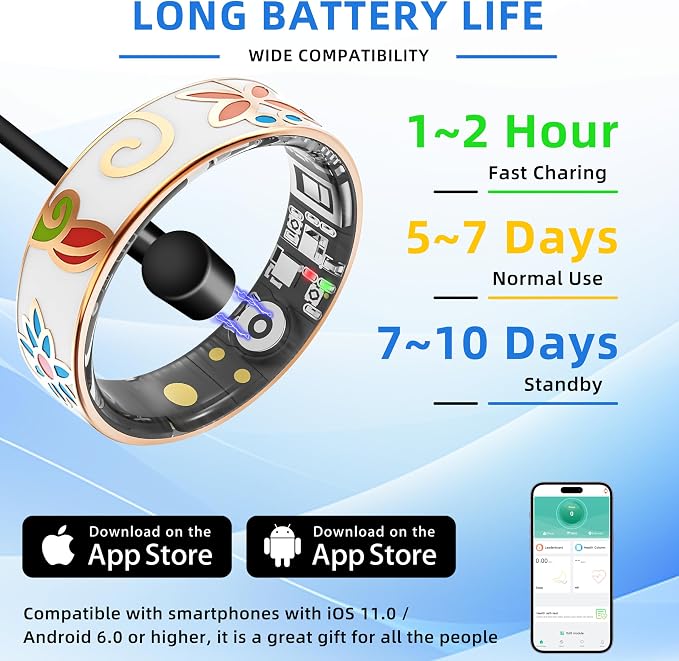 Smart Ring | No Subscription Health Tracker Enamel Color Size9 | 5ATM waterproof, 5day battery, Fitness & heart rate & SpO2 & pressure tracker, iOS & Android compatible, family care