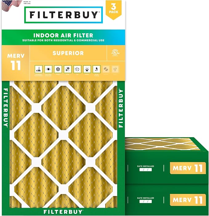 Filterbuy 12x24x4 Air Filter MERV 11 Superior Pet & Allergy Defense (3-Pack), Electrostatic Pleated HVAC AC Furnace Filters Replacement, Made in USA (Actual Size: 11.50 x 23.38 x 3.63)