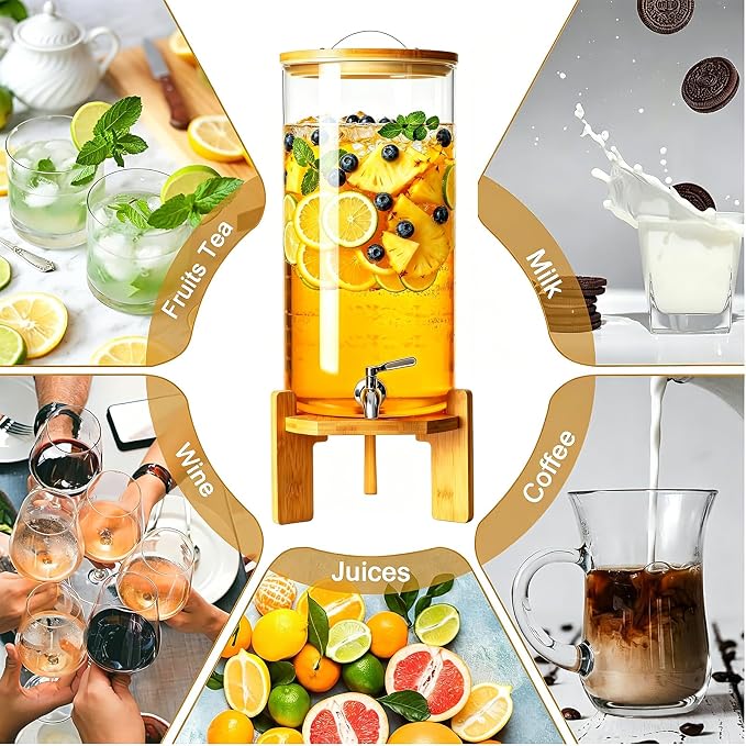 Beverage Dispenser,3Gallon Glass Drink Dispenser with Stand, Stainless Steel Spigot, Ideal for Parties, Bars, Restaurants (11L/3Gallon)