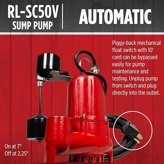 Red Lion RL-SC50V Submersible Water Pump, Heavy Duty Automatic Sump Pump with Vertical Float Switch, 1/2 HP, 4300 GPH, Cast Iron