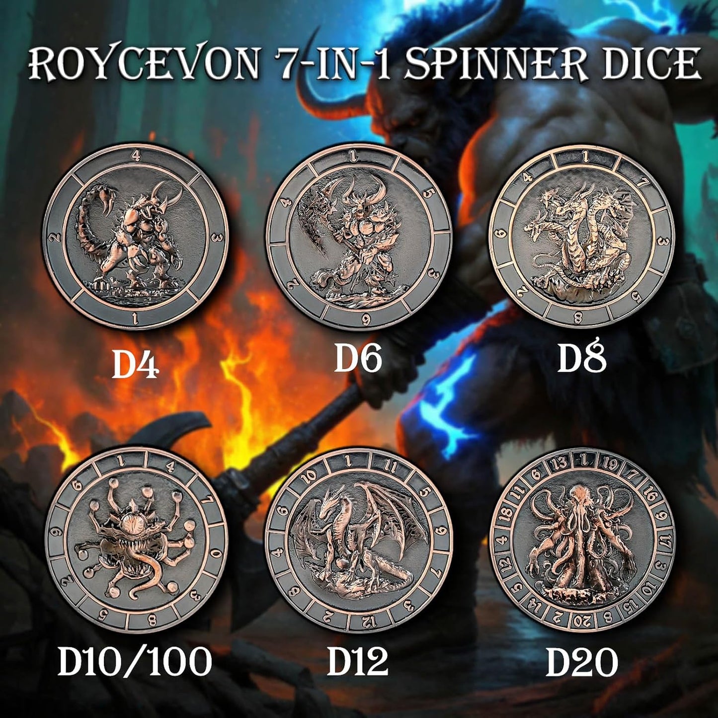 7 in 1 D6 Spinner DND Dice Set D&D, Metal Cube D and D Dice with Gift Box, Dungeons Dragons Role Playing Dice, Copper