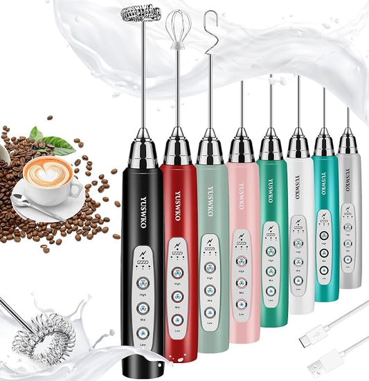 YUSWKO Milk Frother Handheld with 3 Heads, Electric Whisk Drink Foam Mixer with USB Rechargeable 3 Speeds, Mini Frother for Coffee Latte, Cappuccino, Hot Chocolate, Egg