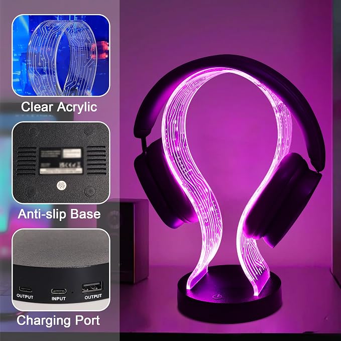 Ammonite Light Up Headphone Stand, 16 Color Lights Gaming Desk Accessory with 1 USB Charging Port and 1 Type-C Charging Ports, USB Power and PCB Pattern, Gifts for Gamers Boyfriend Boy Man
