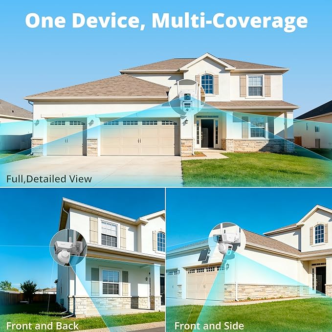 4G Cellular Security Camera, 4K Wireless Outdoor Solar Cam 3 Lens, LTE or WiFi 2 Mode, 10x Optical Zoom, 360° PTZ AI Tracking, Local Storage & 64G SD Card Included, 12000mAh 9W Bullet-PTZ Cam