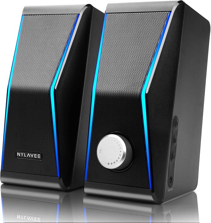 Nylavee Computer Speakers, Hi-Fi Stereo Sound PC Speakers with Bluetooth 5.0 and 3.5mm AUX-in, 14W AC Powered, Built-in Equalizer Modes and RGB Lights for Desktop PC, Monitor, Laptop, PS5, Xbox
