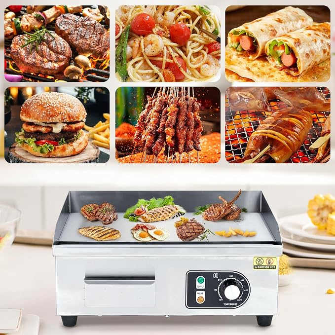 Takywep 14 inch Commercial Electric Griddle, 1500W Countertop Griddle, Non-Stick Restaurant 110V Teppanyaki Flat Top Grill Stainless Steel Adjustable Temperature Control 122°F-572°F (with PLUG)
