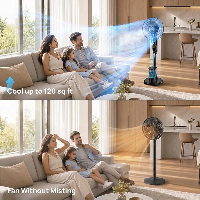 Misting Fan, 16'' Standing Fan with Humidifier, Oscillating Fan with 3 Winds 9 Speeds, Ultrasonic Humidifier for Bedroom/Living Room/Office, 0.5-7H Timer for Daily Indoor Cool
