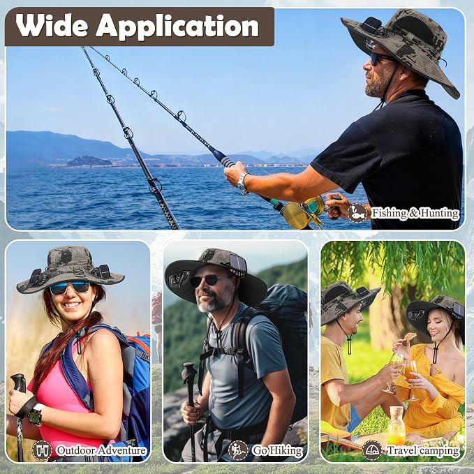 Berlune Sun Hat with 2 Solar Fan Wide Brim Fishing Bucket Hat USB & Solar for Men Women UPF 50+ Cooling for Fishing Beach
