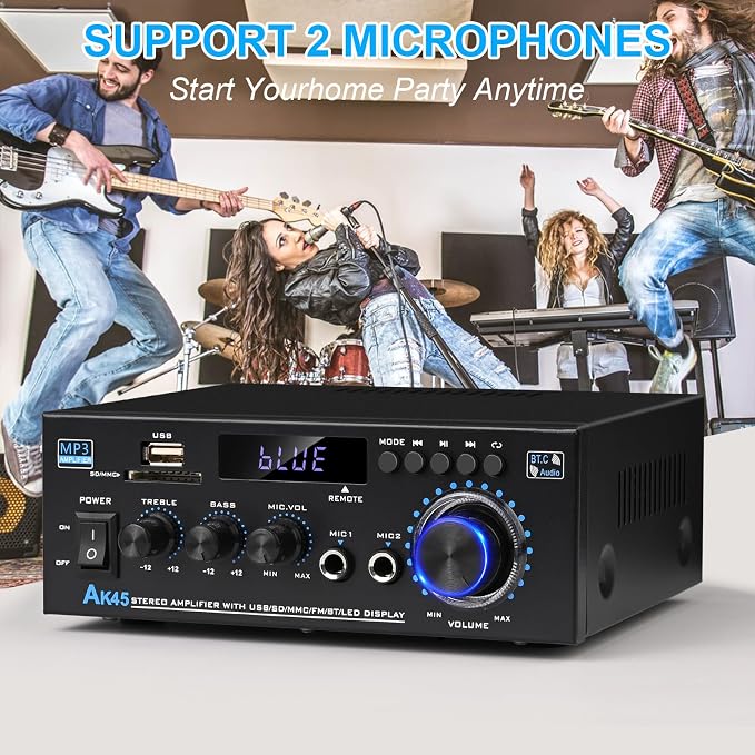Stereo Audio Amplifier 2025 Upgraded AK45 Bluetooth Receiver for Home Stereo, 400W 2 Channel Wireless Bluetooth 5.0 Power Amplifier System with FM Radio, USB, SD Card, and Remote Control