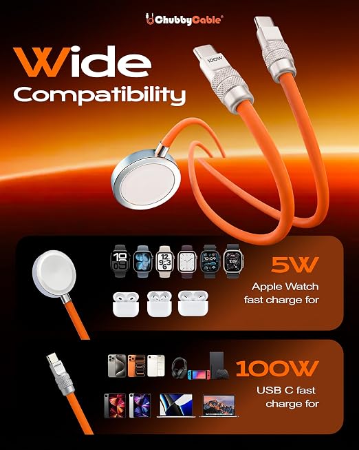 chubbycable Duo-Core Flex 2-in-1 USB C Cable 100W Fast Charging 5W [40Mins 80%] Magnetic Apple Watch Charger 4FT Soft Silicone Compatible with iWatch, iPhone, iPad, MacBook, AirPods, Orange