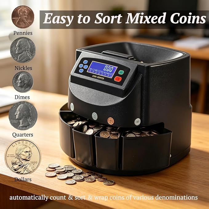 Professional Coin Counter Coin Sorter and Wrapper Machine, Accurate Smooth All USD Coins Change Sorter and Wrapper, with 5 Coin Bins & 5 Coin Tubes, 4 Sets Wrappers, 270pcs/min