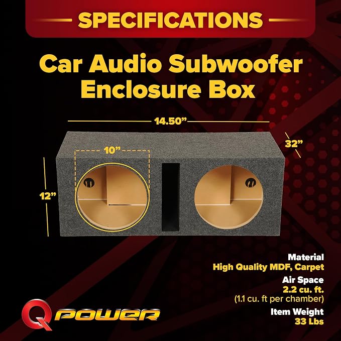 QPower QBASS Dual 10 Inch Heavy Duty MDF Car Audio Subwoofer Enclosure Boxes with Shared Slot Port Vent and Dual Chamber Design, Charcoal (2 Pack)