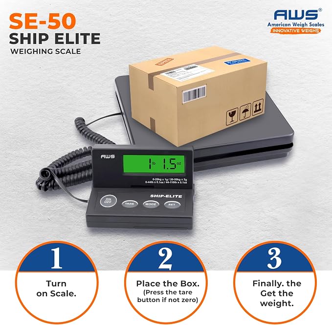 American Weigh Scales Digital Shipping Scale | Highly Accurate Multifunctional Postal Package & Luggage Weighing Scale | 110 lbs x 0.1 oz | Backlit LCD | Battery & AC Adapter | Compact Platform
