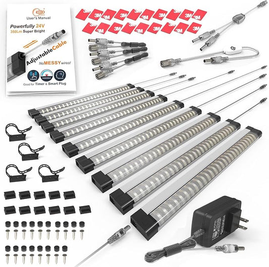 EBD Under Cabinet Lighting Plug in or Hardwired, 9 Pcs 12 Inch, No Messy Wires Built-in Adjustable Cable LED Light 6500K 4050Lm, 3 Cables Y Splitter Neat Counter Lights for Kitchen Shelf Home Office
