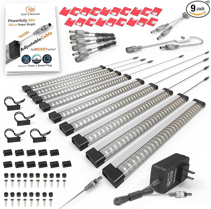 EBD Under Cabinet Lights Plug in or Hardwired, 9 Pcs 12 Inch No Messy Wires Built-in Adjustable Cable LED Light Bar 3000K 4050Lm 3 Cables Y Splitter Neat Counter Lighting for Kitchen Shelf Home Office