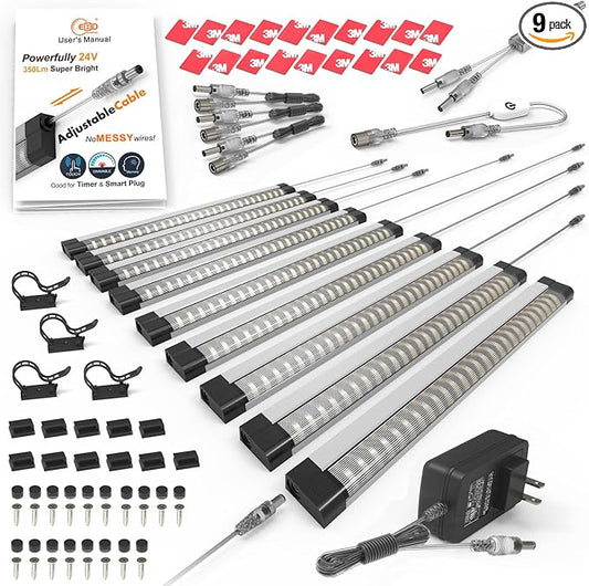 EBD Under Cabinet Lights Plug in or Hardwired, 9 Pcs 12 Inch No Messy Wires Built-in Adjustable Cable LED Light Bar 3000K 4050Lm 3 Cables Y Splitter Neat Counter Lighting for Kitchen Shelf Home Office