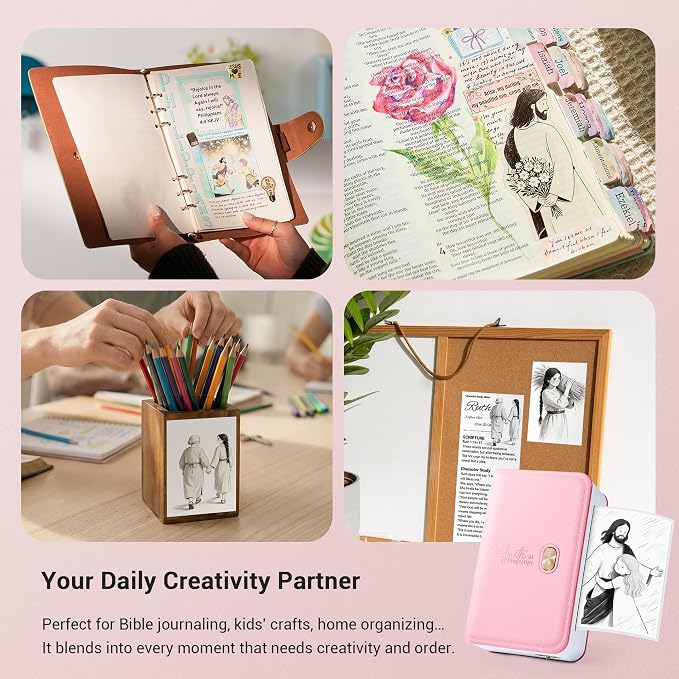 Pink Bible Sticker Mini Portable Printer FP31, Bible Study Journal Supplies, Bible Tab, for Women, Men, Kids, Christian, Compatible with 2" & 3" Thermal Paper, with 4 Rolls