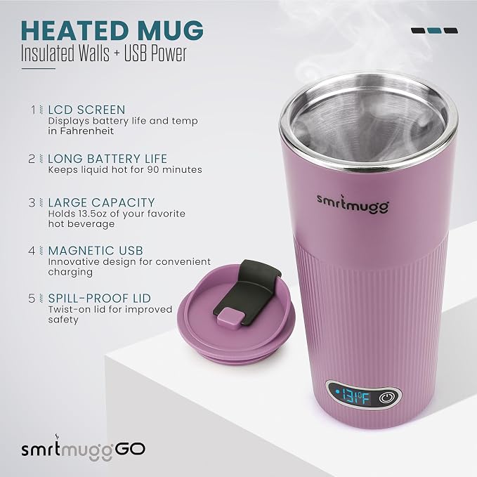 SmrtMugg GO Heated Coffee Mug, Travel Mug, 13.5 OZ. Smart Mug, Battery Powered Heated Coffee Mug, Great for Coffee and Tea, Snap on Magnetic Charging Cord, Adjustable Temperature (Lilac)