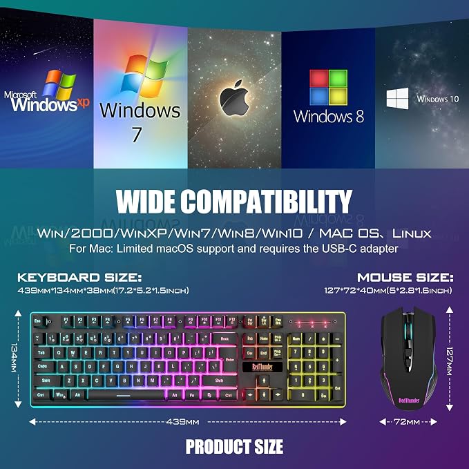 RedThunder K10 Wireless Gaming Keyboard and Mouse Combo, LED Backlit Rechargeable 3800mAh Battery, Mechanical Feel Anti-ghosting Keyboard + 7D 3200DPI Mice for PC Gamer (Black)