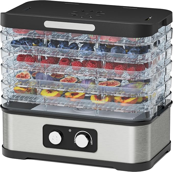 Compact Food Dehydrator Machine for Jerky & Fruit, 250W Small Food Dryer, 5 Stackable BPA-Free Trays with Temperature Control for Beef and Deer Jerky, Mushroom, Herbs & Pet Treats, 72H Max