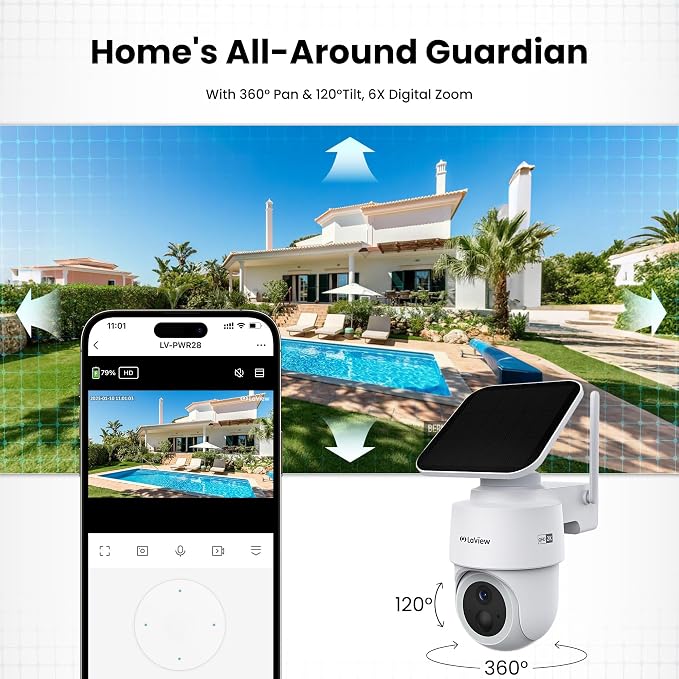 LaView 2K 3MP Solar Security Cameras Wireless Outdoor, Cameras for Home Security, 360° Pan & Tilt Rechargeable Battery Camera, IP65 Outdoor Camera, Color Night Vision, Two-Way Audio, Work with Alexa