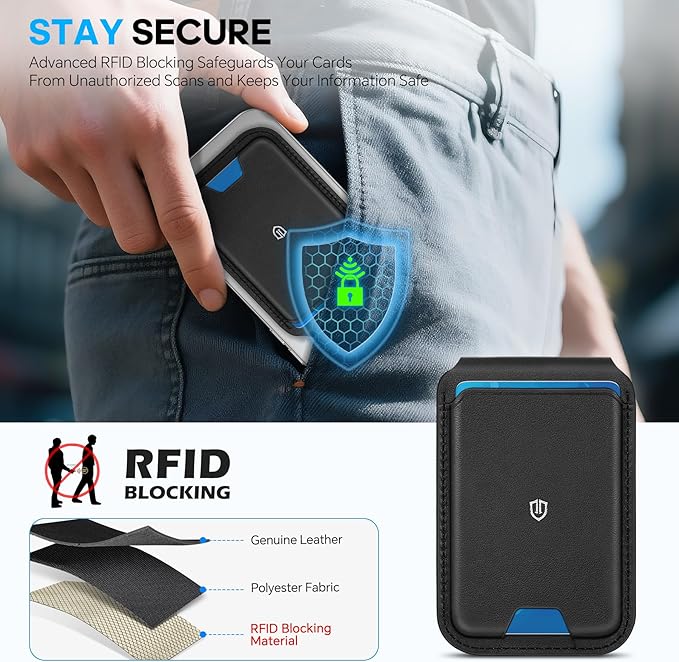 SHIELDON Genuine Leather Strong Magnetic Wallet for MagSafe, Phone Wallet Stand for Men Women, 6 Card Holders, Angle Adjustment, RFID Blocking, Compatible with iPhone 17/16/15/14/13/12 Series - Black
