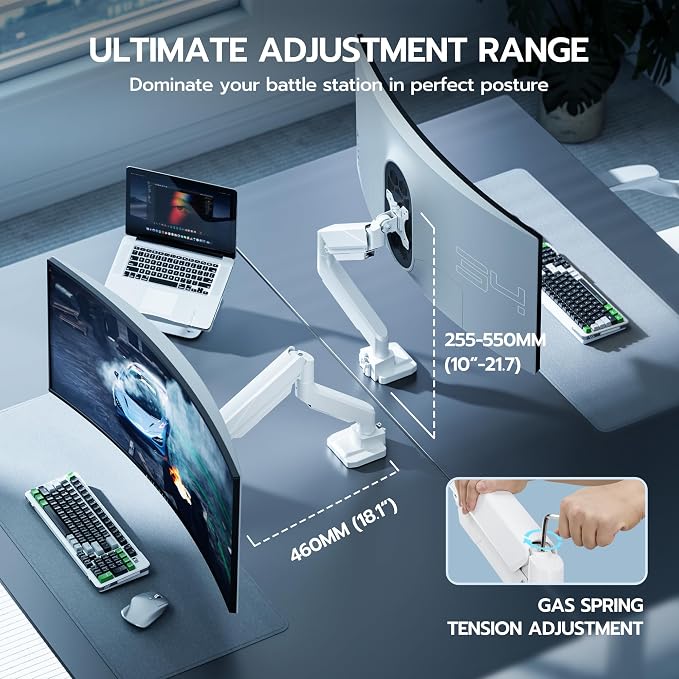 ARES WING Ultrawide Monitor Arm, Heavy Duty Single Monitor Mount for 13"-49" Curved Screens, Adjustable Stand for Desk with C-clamp & Grommet Base up to 40 LBS, White