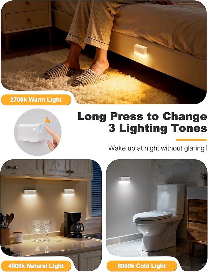 VOLISUN Motion Sensor Night Light, Rechargeable Stair Lights Indoor, Battery Operated Night Light for Hallway, Stairway, Bathroom, Bedroom, Kitchen, 3 Modes & 3 Color Temperatures(3 Pack White)