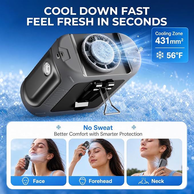 Portable Waist Fan with 56°F Ice Cooling, 8000mAh Rechargeable Belt Clip Fan, 5-Speed 21000RPM Wearable Cooler, LED SOS Warning Light for Jobsite Camping Summer Essential