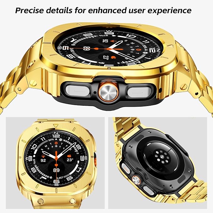 SUPLINK Stainless Steel Case and Band Compatible with Samsung Galaxy Watch Ultra Bands Men(2025/2024),Rugged Protective Case Bumper Metal Adjustable Bands for Samsung Watch Ultra Band 47mm,Gold