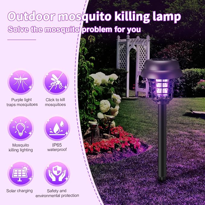 4 Pcs Solar Bug Zapper Outdoor Waterproof Mosquito Repellent Light Solar Power Fly Killer Lamps for Moths, Gnats, Fly, Small Flying Insect Backyard Garden Lawn (Plastic,Purple & Warm Light)