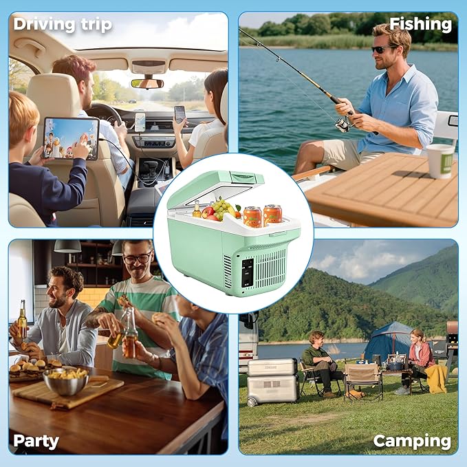 Iceblue Electric Cooler with Type-C, 8 Liter /11 Cans Mini Fridge with Belt, 9V Type-C Thermoelectric Dual-use Car Refrigerator, Car Fridge for Car, Dorm, Travel, Picnic, Gift (Green)