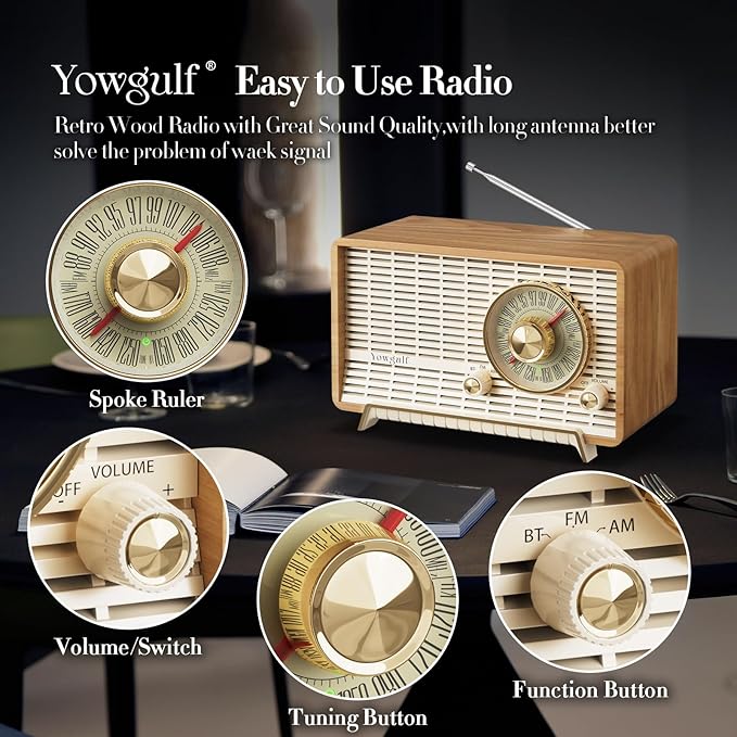 YOWGULF AM FM Radio Classic Retro Wood Table Radio Bluetooth Speakers Radios Plug-in Wall with Rotary Knob Great for Home, Office