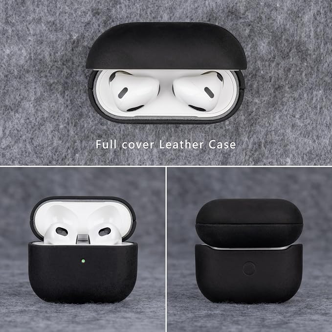 Maogoam Leather Case Compatible with AirPods 3, Genuine Vintage Crazy Horse Cowhide Leather Case for Airpods 3rd Generation, Handcrafted Fully-Wrapped, Retro Style, Black