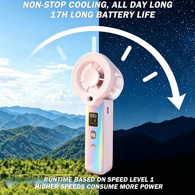 Portable Misting Fan, Handheld Rechargeable Fan with Water Mist, Personal Mini Turbo Fan with 1-100 High Speeds (20000 RPM), LED Light for Music Festival, Summer Trip Must-Haves, Holographic Pink